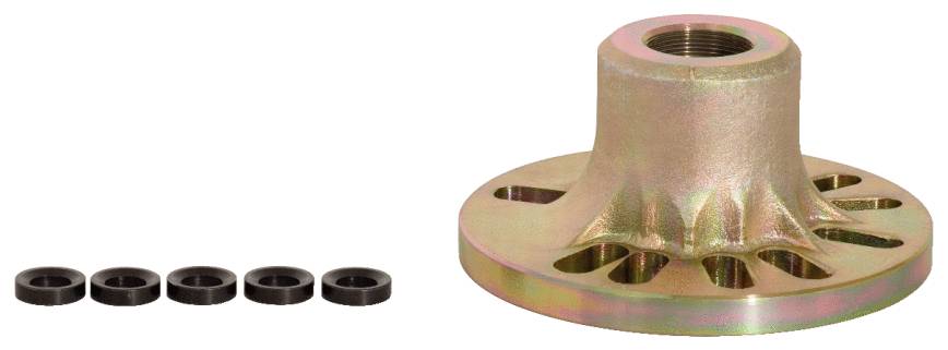Ein Metallflansch mit Schraubengewinde und fünf schwarzen Dichtungsringen daneben, auf weißem Hintergrund.