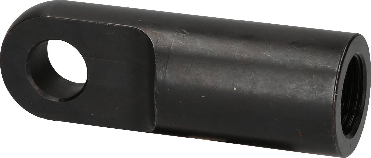 Ein schwarzes zylindrisches Metallteil mit einem Loch an einem Ende; möglicherweise ein Verbindungselement oder eine Halterung.