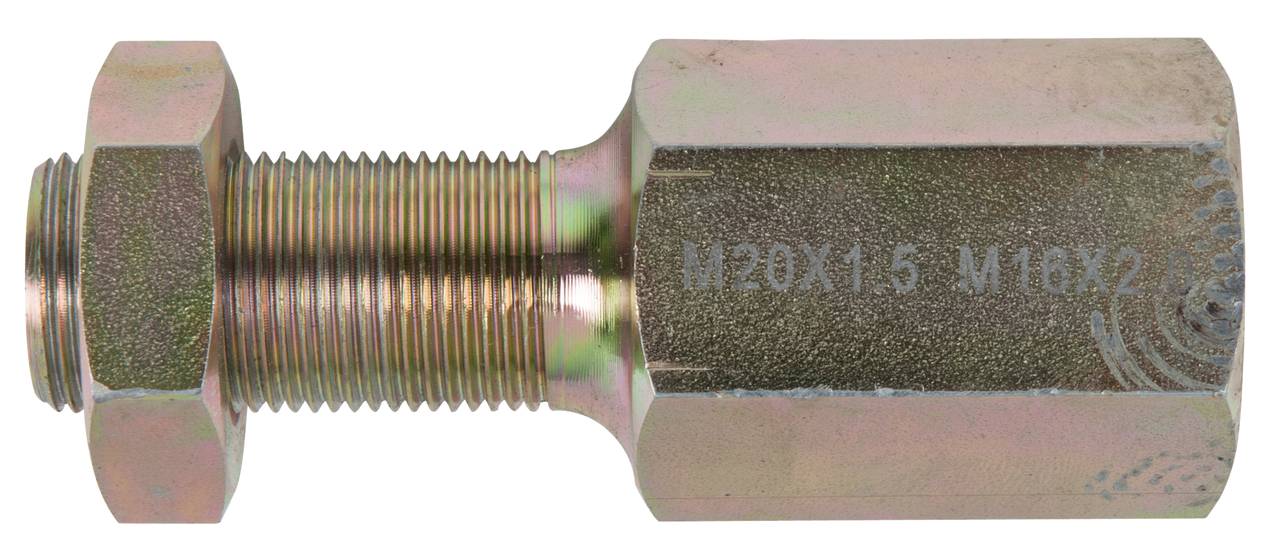 Mutternrohrverbindung aus Metall mit Gewinde, seitliche Ansicht. Geeignet für Hochdruckanwendungen und Hydrauliksysteme.