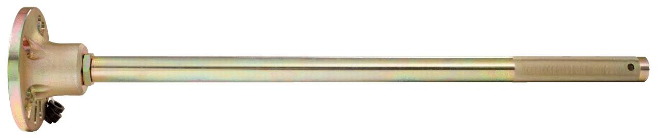 Ein Metallstab mit Flansch und kleiner Schraube, möglicherweise ein technisches Bauteil, horizontal auf weißem Hintergrund.