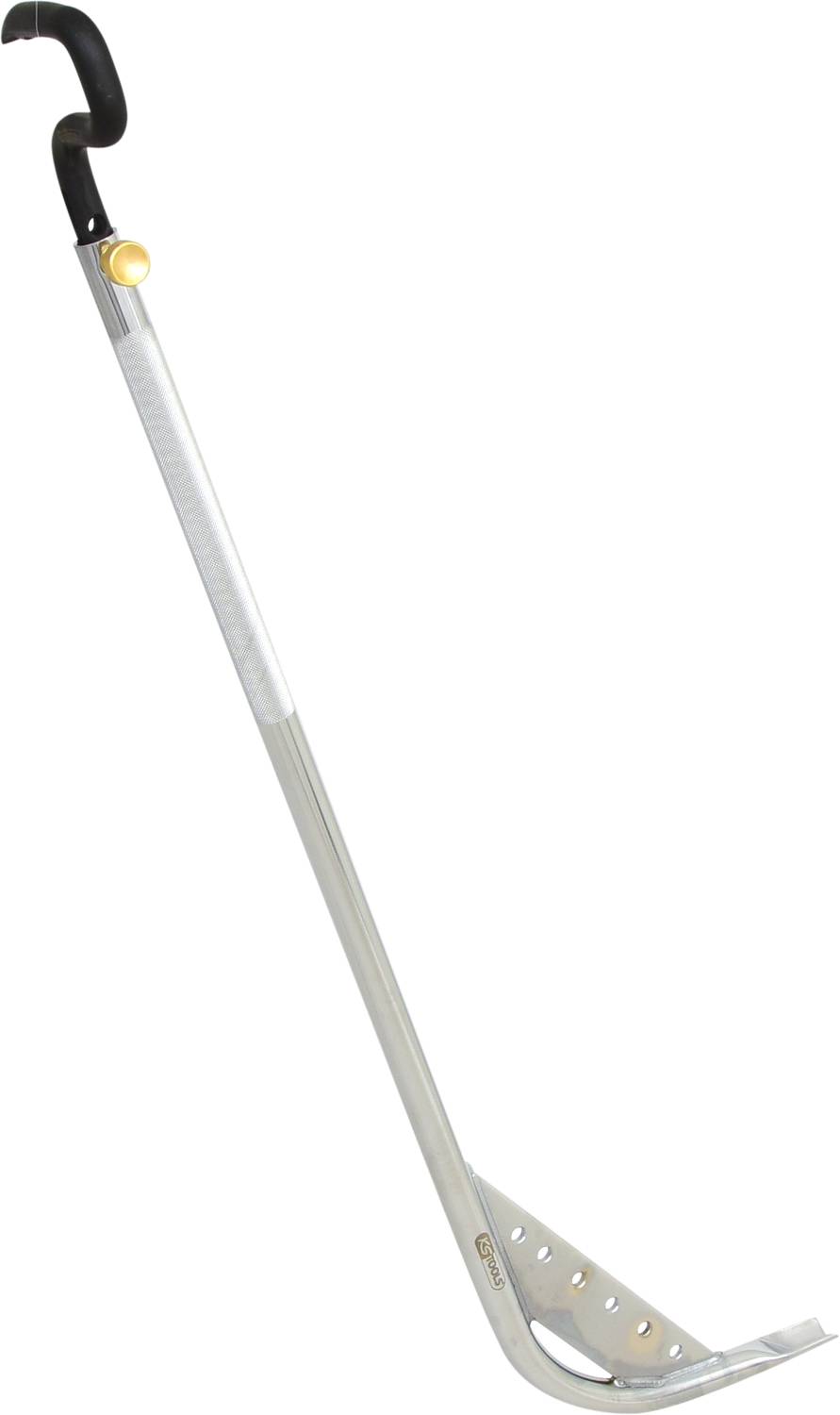 Ein langer, silberner Greifer mit gebogenem Griff und gelbem Drücker, verwendet zum Greifen von Gegenständen aus der Ferne.