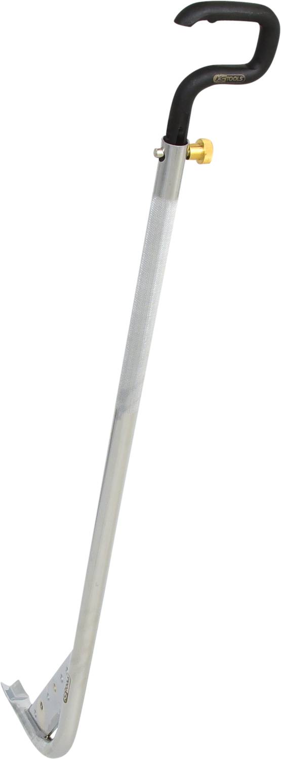 Ein langer, metallischer Handdachschneider mit schwarzem Griff und gelber Schraube zur Einstellung, dient zum Schneiden von Dachmaterialien.