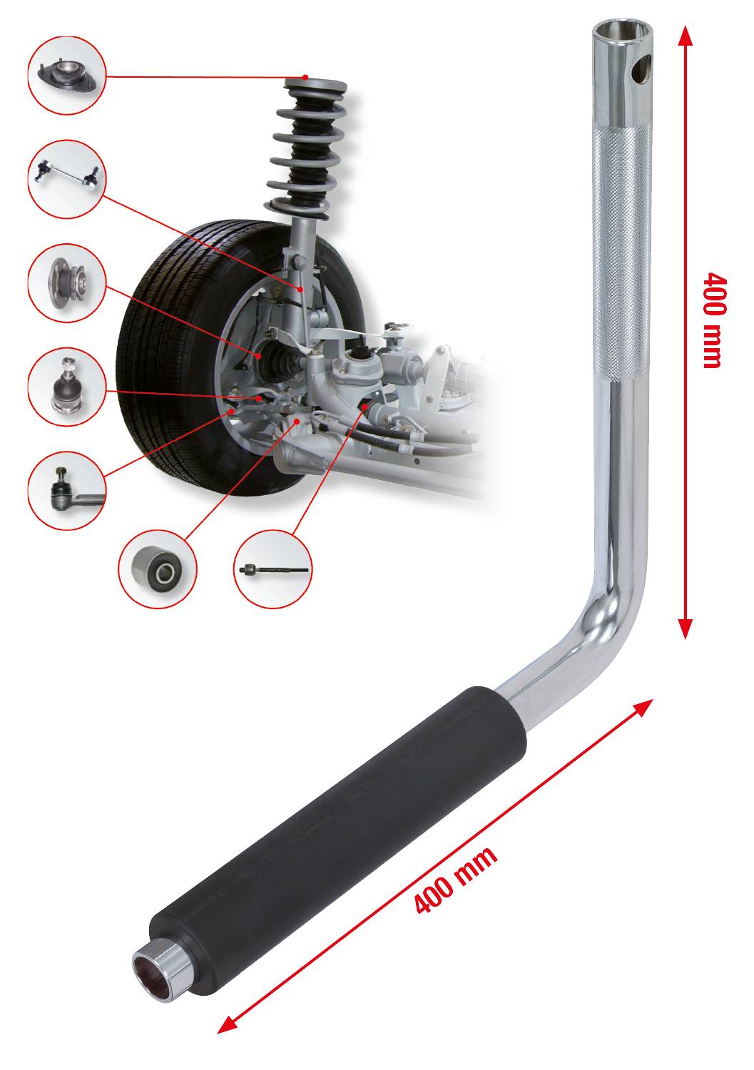 L-förmiger Drehmomentschlüssel, 400 mm lang, vor Autoaufhängung mit Details erkennbar.