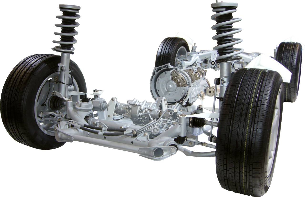 Darstellung eines komplexen Autosuspensionssystems mit Rädern, Stoßdämpfern und Antriebswellen, die verschiedene Fahrzeugkomponenten zeigen.