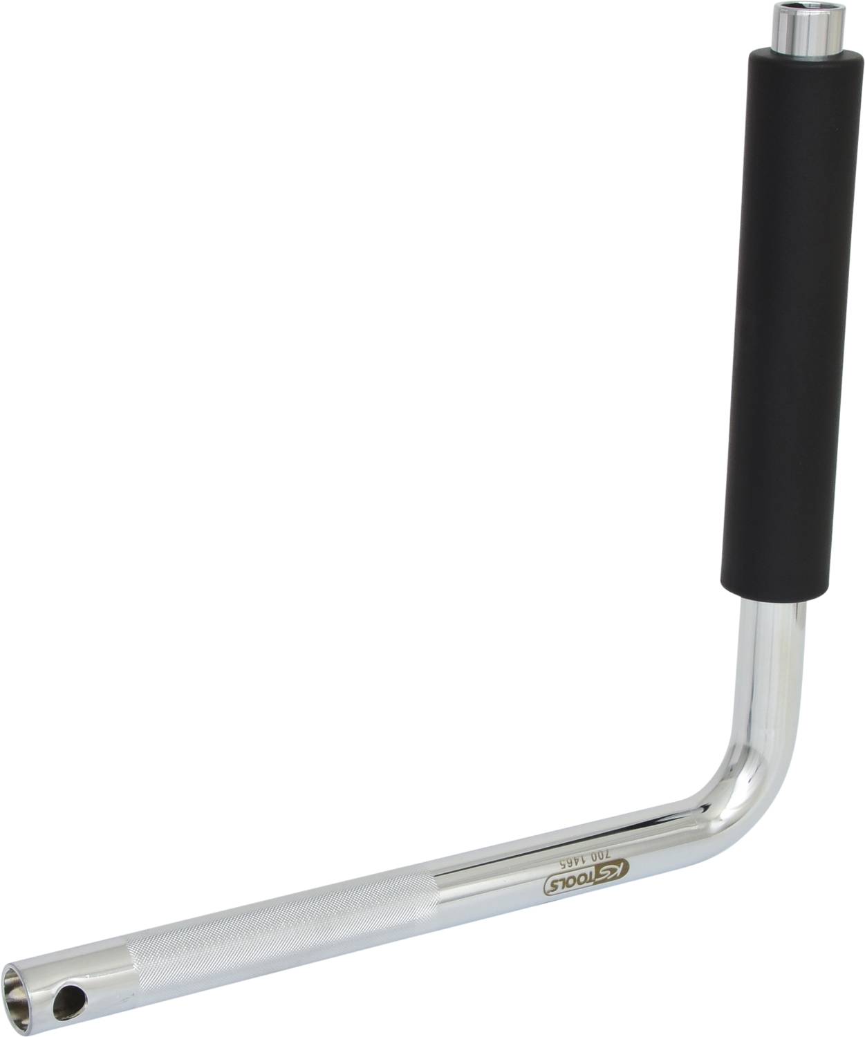 Ein verchromter Rohrschlüssel mit schwarzem Handgriff, in L-Form gebogen. Hauptsächlich zum Festziehen von Schrauben verwendet.