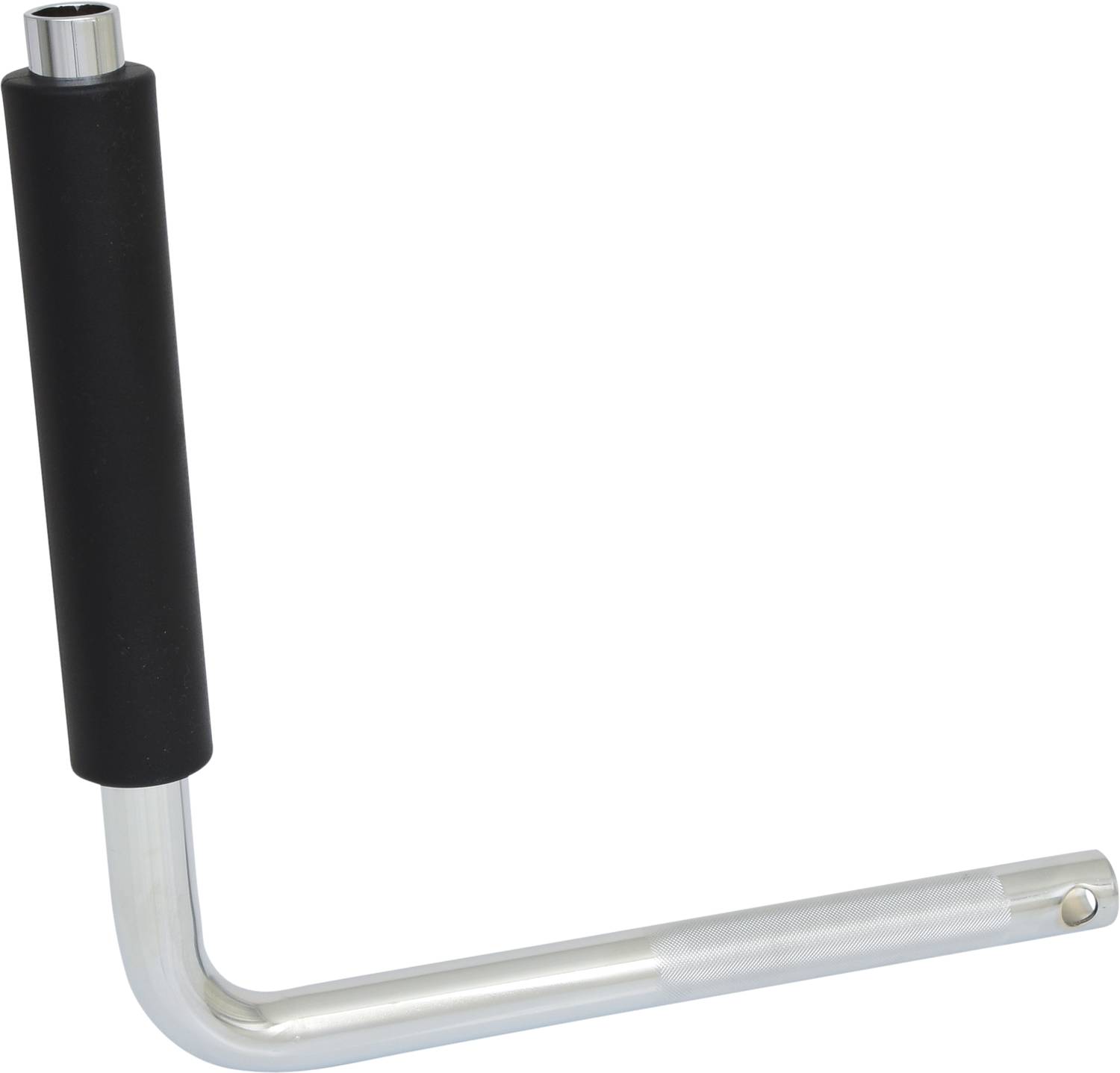 Ein silberfarbener Metallwinkelhaken mit schwarzem Griff, vermutlich ein Werkzeuggriff, auf weißem Hintergrund.