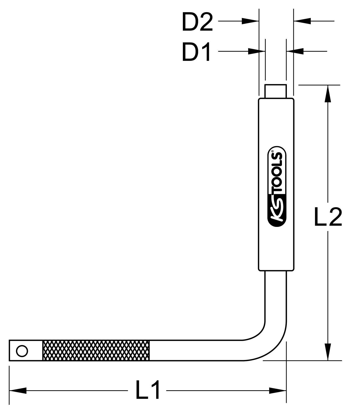 Abbildung eines L-förmigen Werkzeugs mit KS Tools-Logo. Maße D1, D2, L1, L2 sind markiert.