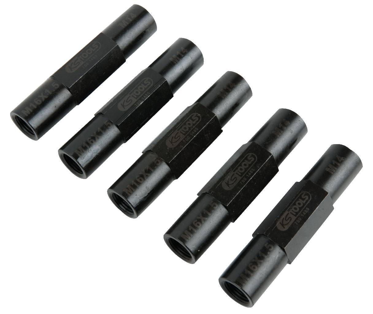 Fünf schwarze, zylindrische Rohrverbinder in zwei Reihen angeordnet. Sie sind geeignet zur Verbindung und Versiegelung von Rohren.