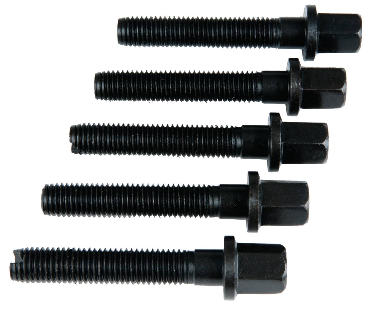 Fünf schwarze Schrauben gleicher Größe liegen parallel zueinander. Sie haben einen Sechskantkopf und sind aus Metall gefertigt.