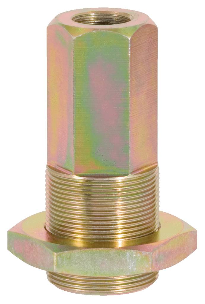 Metallische Sechskantmutter mit Gewinde, reflektiert Licht, goldfarbene Beschichtung. Verwendet in mechanischen Verbindungen.