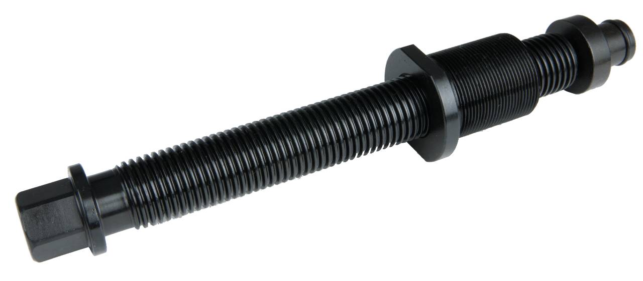 Schwarze Schraubspindel mit Gewinde und Muttern, vermutlich für mechanische Anwendungen. Liegt auf hellem Hintergrund.