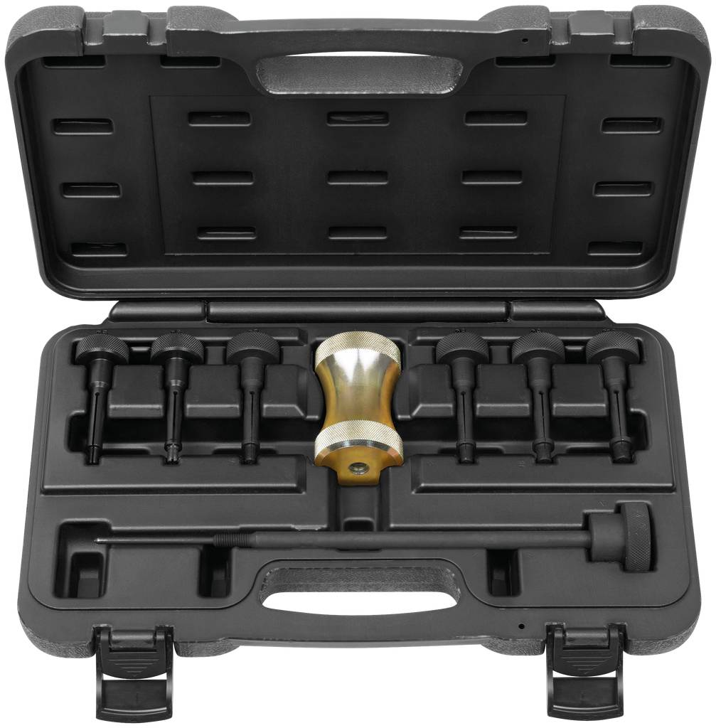 Kunststoffkoffer mit geöffnetem Deckel, enthält ein Dellenreparatur-Set: Goldener Klopfer und sechs schwarze Aufsätze in Schaumstoffeinlage.