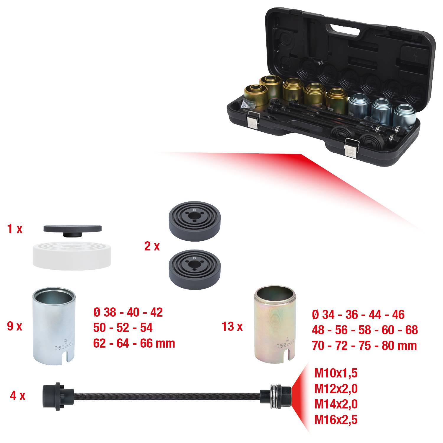 Werkzeugset mit unterschiedlichen Aufsätzen und Koffern. Zeigt Größen: 38-80 mm und Gewindegrößen: M10-M16. Einzelteile und Kombinationsmöglichkeiten angegeben.