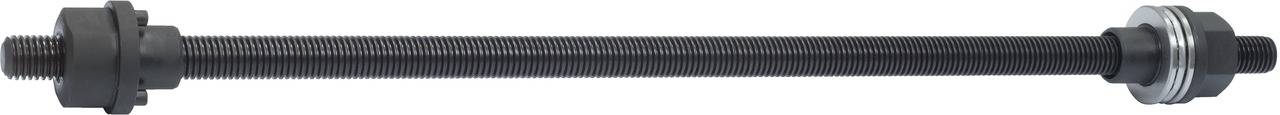 Langer Metallstab mit Rillen, an beiden Enden mit Muttern und Scheiben befestigt. Technische Komponente für Maschinen.
