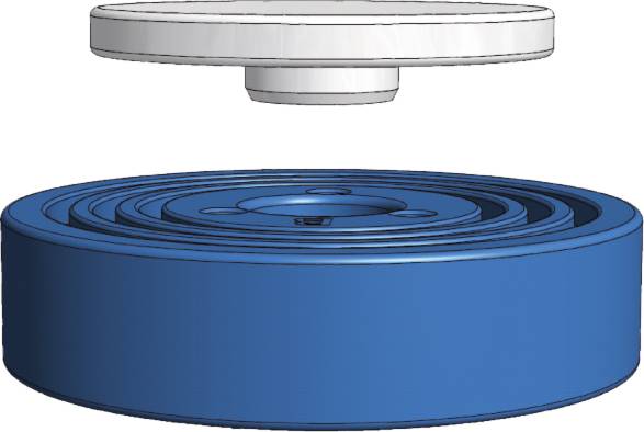 Ein mehrschichtiger, blauer Ringstapel mit abgerundeter Oberseite. Ein weißer, scheibenförmiger Deckel schwebt darüber.