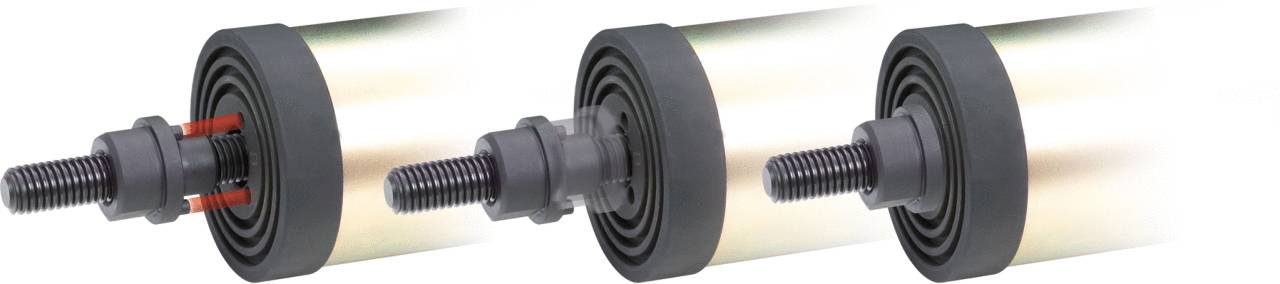 Drei zylindrische Objekte mit Gewinde an den Enden, die von links nach rechts angeordnet sind. Jedes zeigt eine unterschiedliche Bauart.