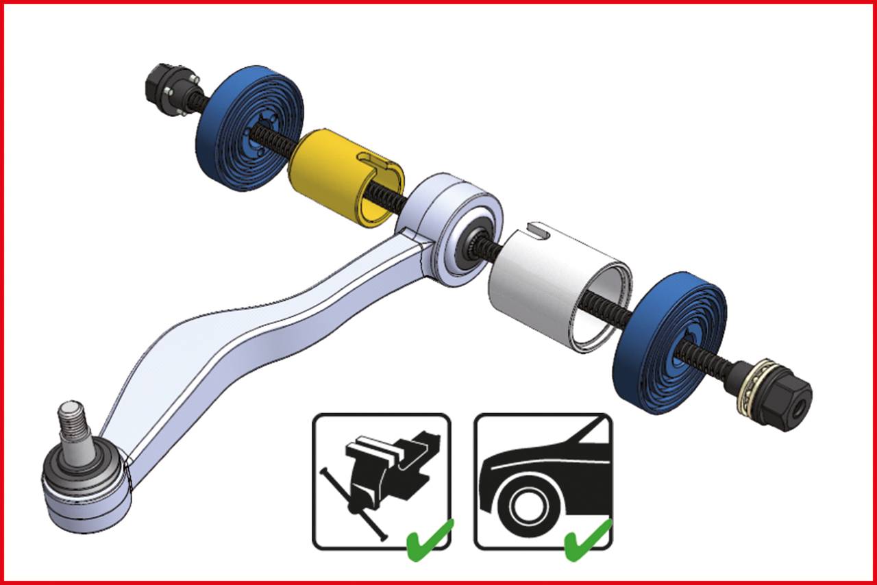 Explosionszeichnung eines Kfz-Fahrwerksteils mit korrekter Montageanleitung. Zeigt Bauteile in Reihenfolge mit Montagehinweisen.