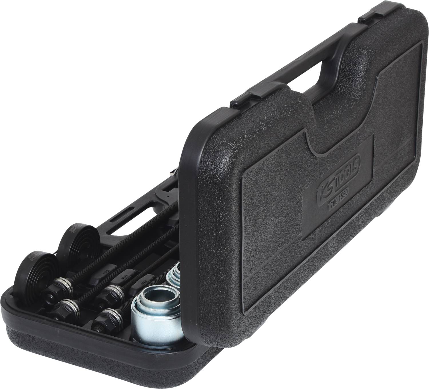 Schwarzer Kunststoffkoffer mit verschiedenen Werkzeugen und Adaptern, zum Lagern und Transportieren von mechanischen Teilen geeignet.