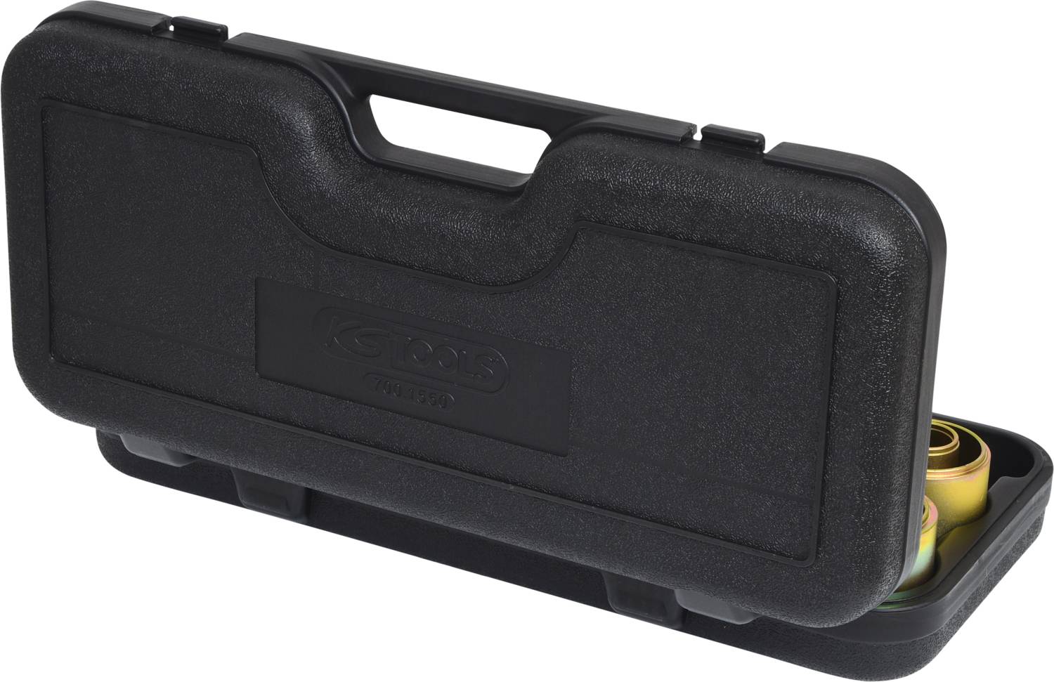 Schwarzer Werkzeugkasten mit leicht geöffnetem Deckel, Metallwerkzeuge leicht sichtbar im Inneren.