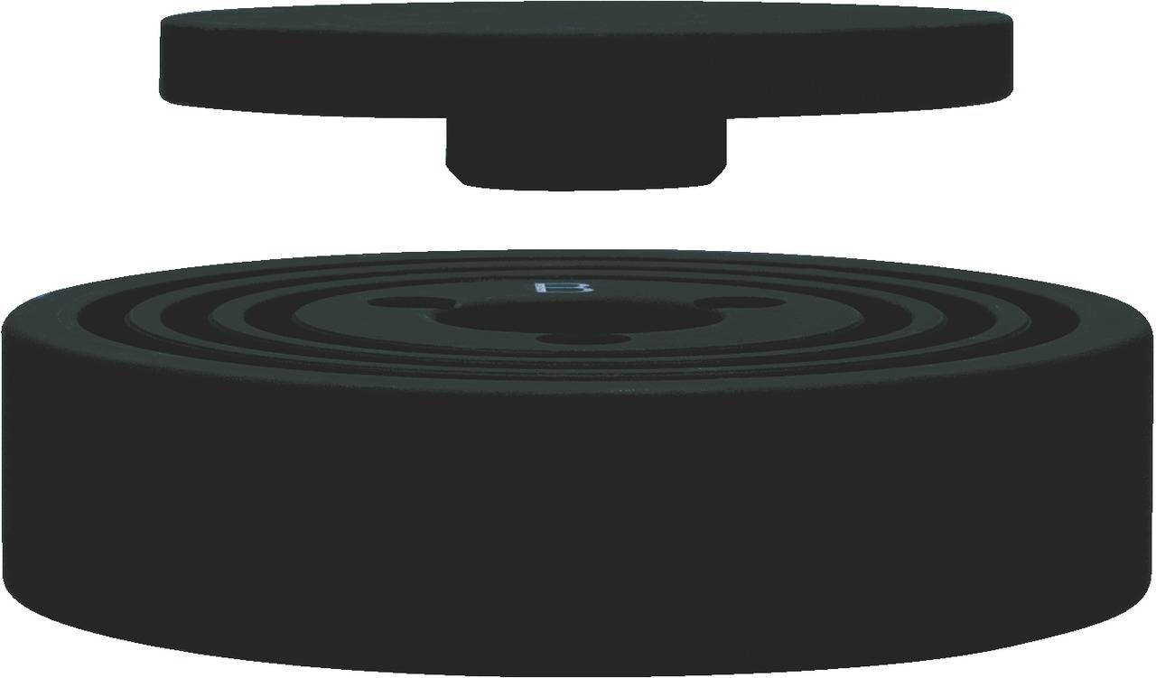 Zwei schwarze runde Scheiben, eine schwebend über der anderen, wahrscheinlich Teile eines magnetischen oder mechanischen Systems.