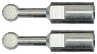 Zwei metallische Stifte mit runden Köpfen, eine gerillte und eine glatte Oberfläche, auf weißem Hintergrund.