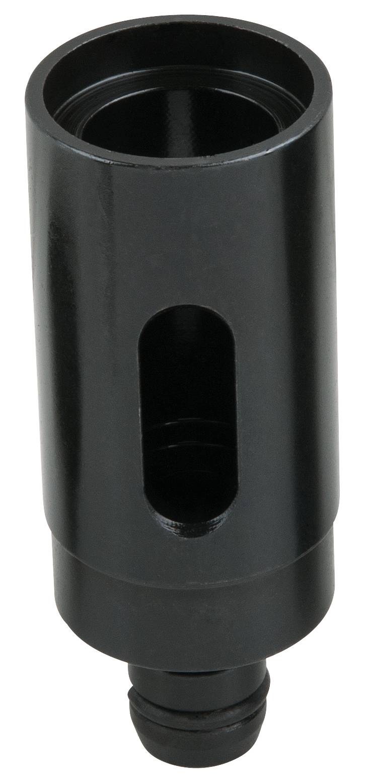 Schwarzes Metallteil, zylindrisch mit einem ovalen Schlitz in der Mitte, dient vermutlich als Verbindungselement oder Adapter.