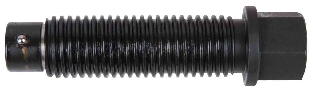 Zylindrische, schwarze Schraube mit durchgehendem Gewinde und sechseckigem Kopf, erkennbar an einem kleinen Metallbolzen seitlich.