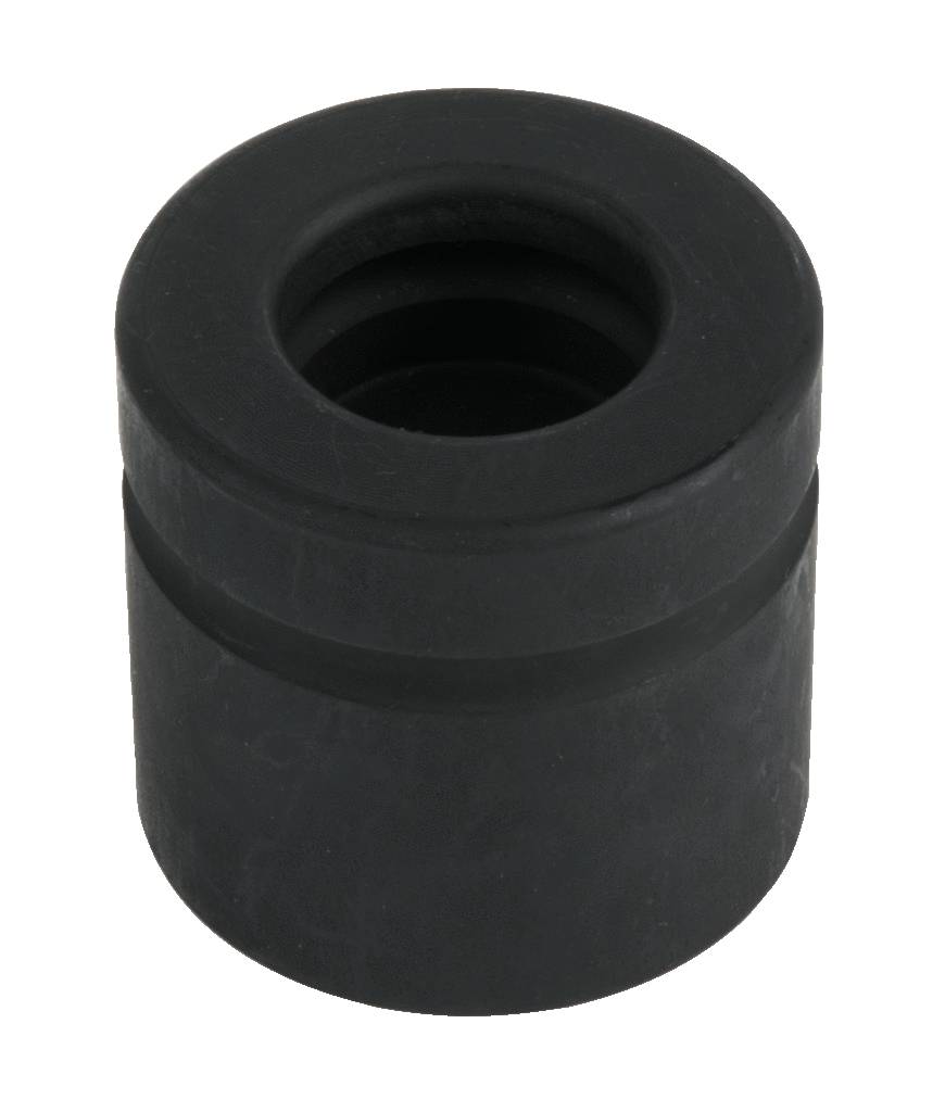 Ein schwarzes, zylindrisches Gummiteil mit einem Hohlraum in der Mitte, möglicherweise ein Stoßdämpfer oder Dichtungsring.