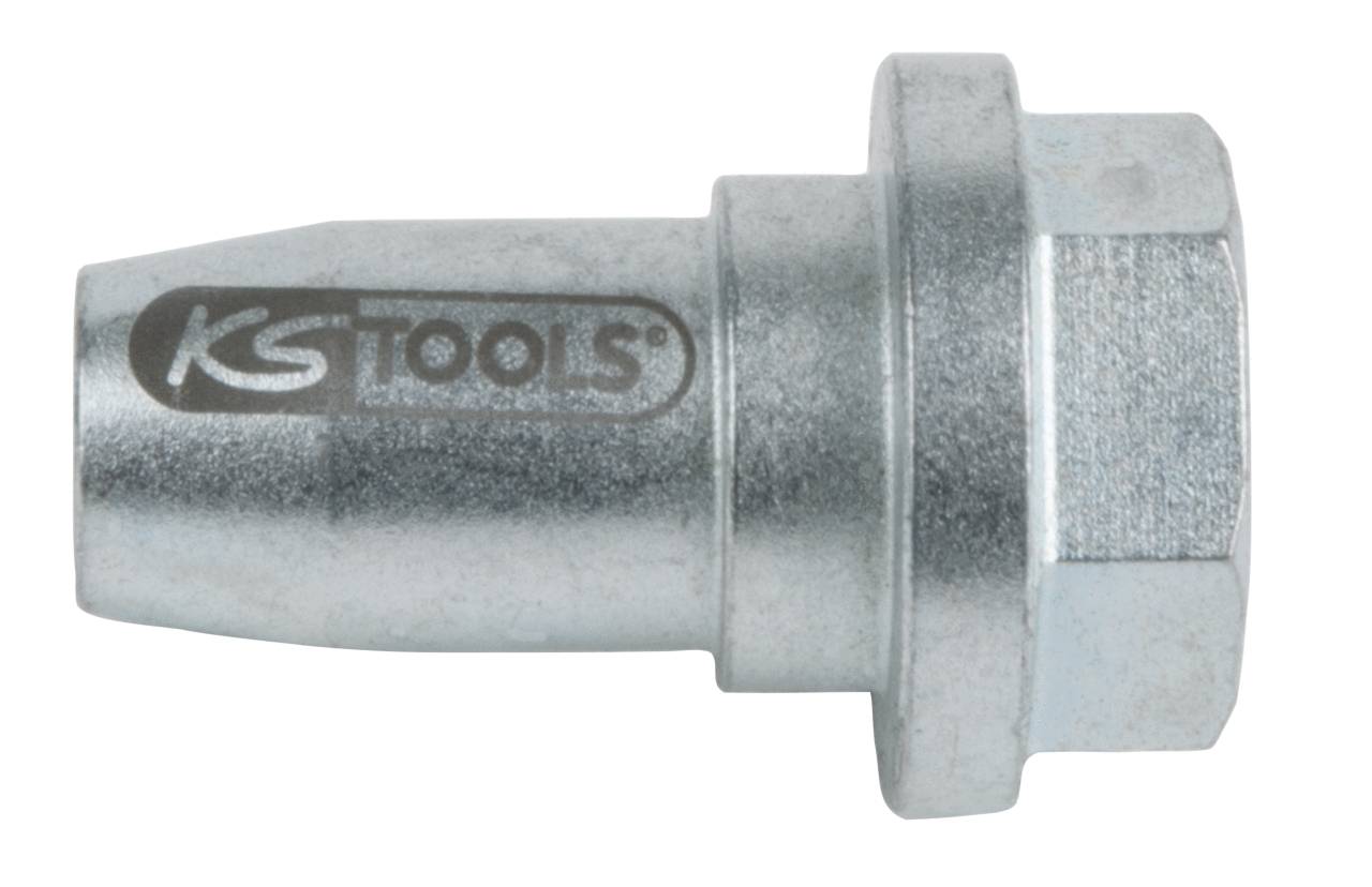 Silberner Steckschlüsselaufsatz von KS Tools, sechseckige Form, zur Anwendung mit Schrauben oder Muttern geeignet.