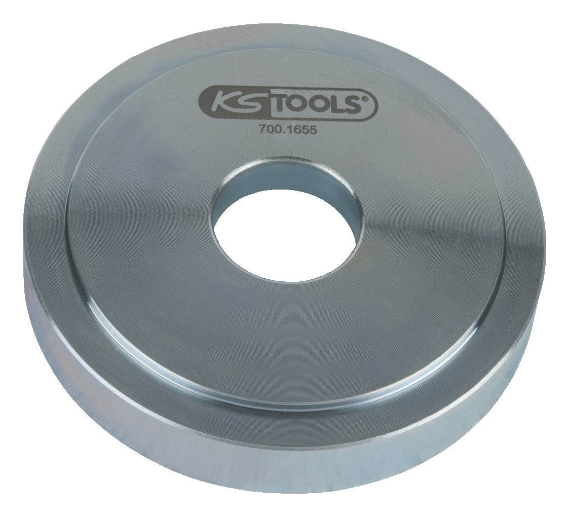 Eine silberne Metallunterlegscheibe mit zentralem Loch. Oben ist das Logo 'KS TOOLS' und die Nummer '700.1655' eingraviert.