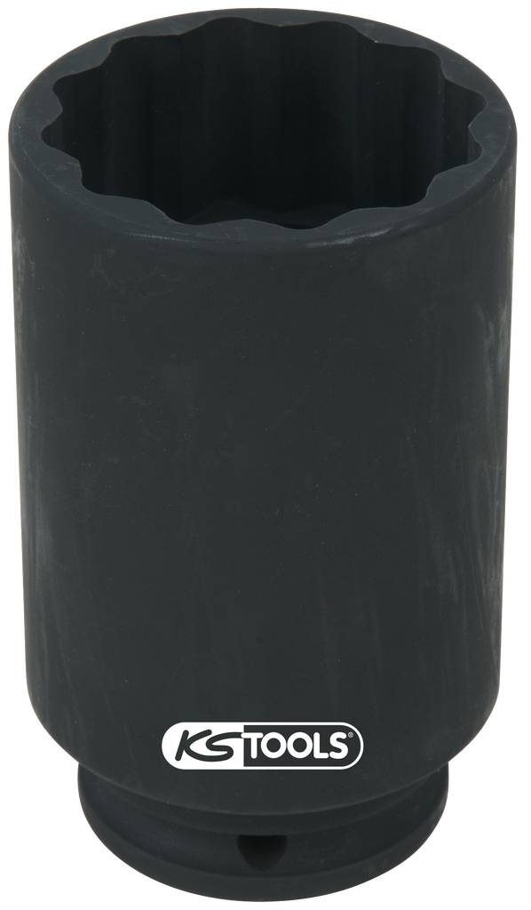 Schwarze sechskantige Stecknuss mit 'KS TOOLS'-Logo. Verwendet für mechanische Arbeiten, passend auf Ratschen und Drehmomentschlüssel.