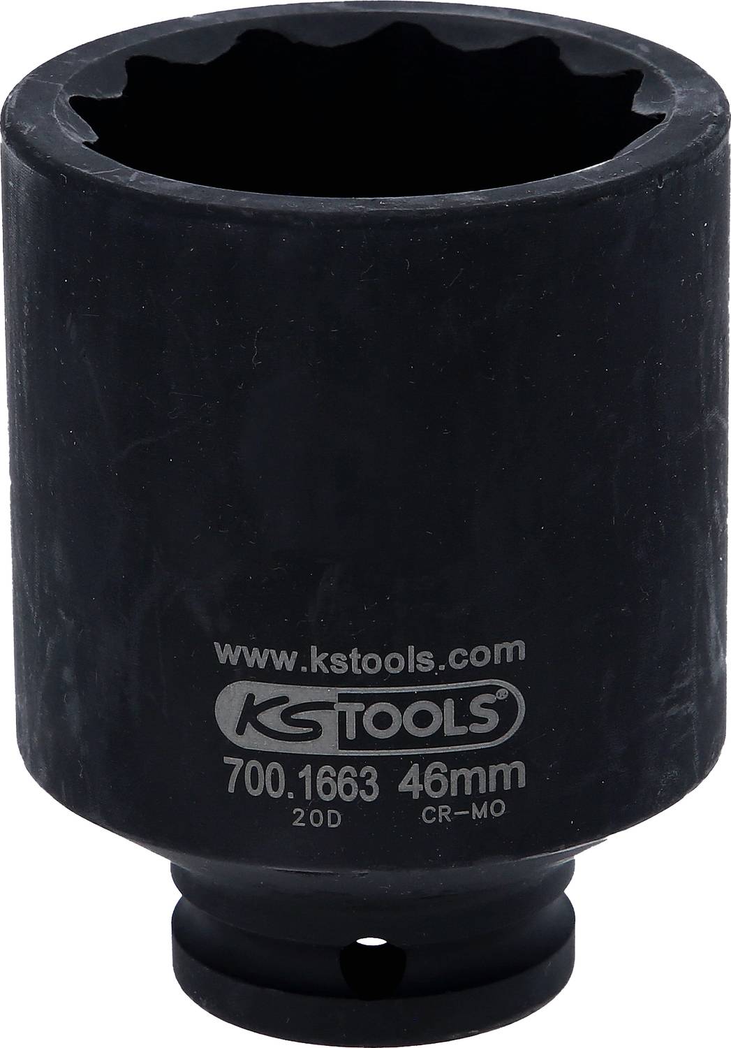 Industrie-Stecknuss, schwarz, mit Aufschrift 'KS Tools', Größe 46 mm. Verwendet für schwere Maschinenarbeiten.