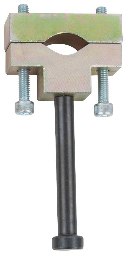 Metallhalterung mit zwei Schrauben oben und einem langen, schwarzen Griff. Verwendet zur Befestigung von Rohren oder Stangen.