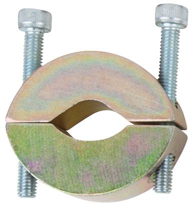 Metallene Schlauchschelle mit zwei Schrauben, dient zur Befestigung von Schläuchen oder Rohren.