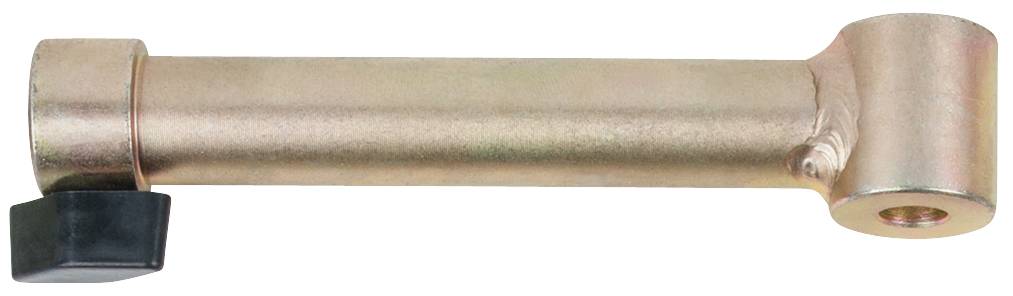 Ein Metallstift mit einem zylindrischen Körper und einer rechteckigen, schwarzen Kunststofflasche an einem Ende, vermutlich ein Bauteil.