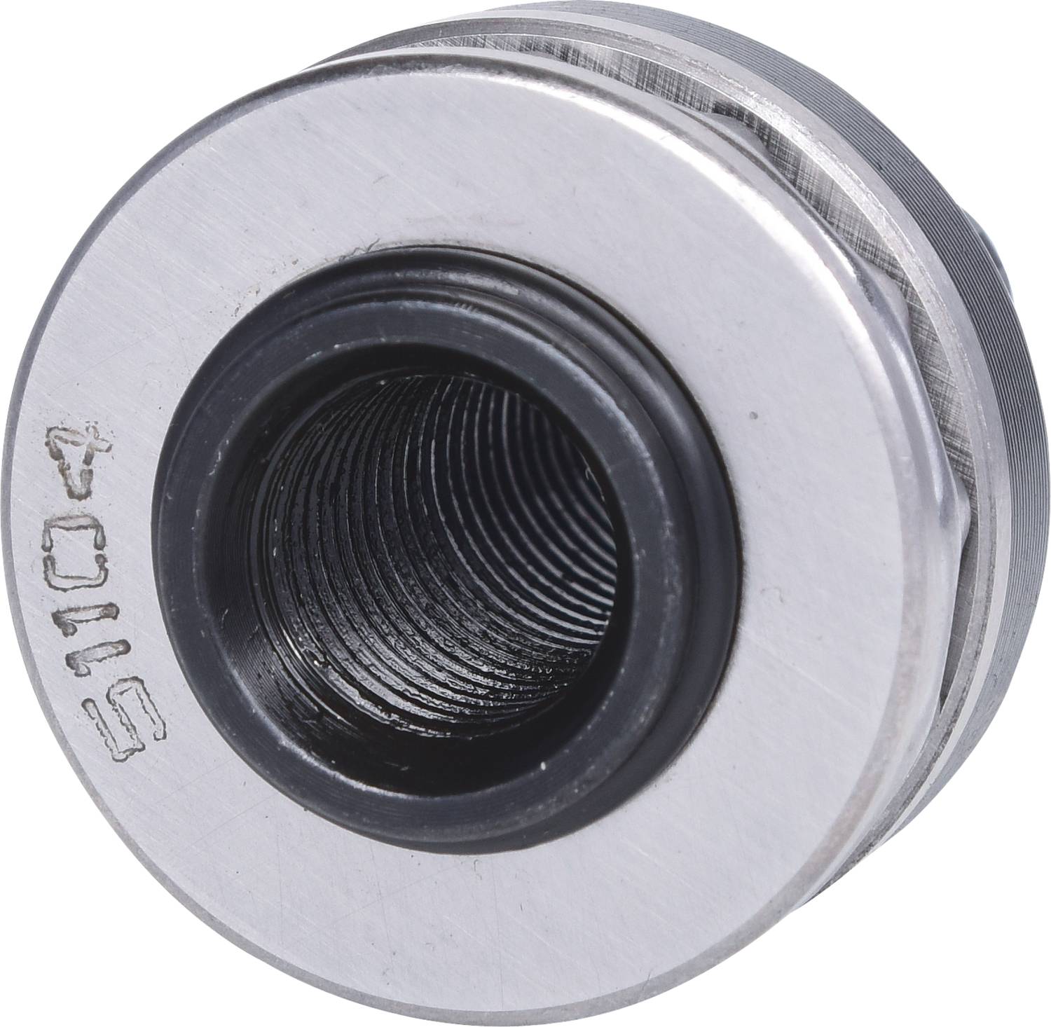 Metallverbindungsstück mit Innengewinde, zylindrische Form, reflektierende Oberfläche, technischen Zwecken dienend.