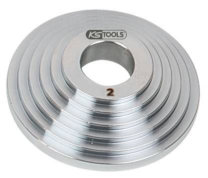 Rundes Metallstück mit konzentrischen Rillen und einer zentralen Öffnung, nummeriert mit '2', Werkzeughersteller KS Tools.