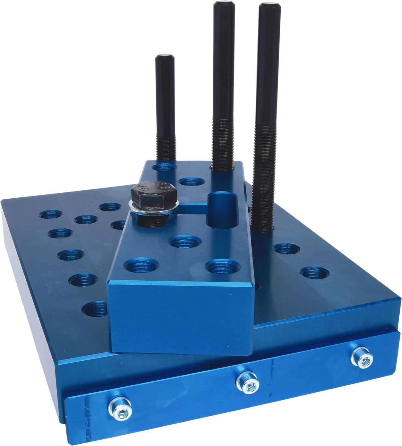Ein blaues mechanisches Gerät mit mehreren Löchern, Schrauben und Bolzen, das für technische oder industrielle Anwendungen verwendet wird.