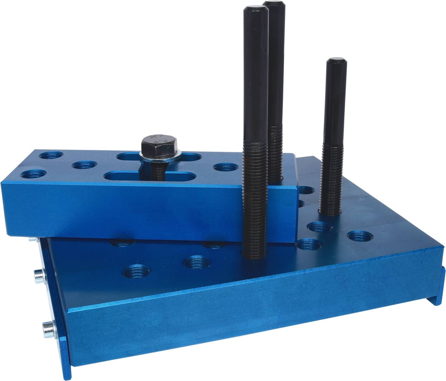 Metallvorrichtung in Blau mit Bolzen und Schrauben, dient zur Befestigung oder für Maschinenarbeiten.
