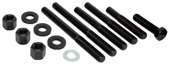 Verschiedene schwarze Schrauben und Muttern auf weißem Hintergrund, dargestellt als Set, möglicherweise für mechanische Anwendungen.