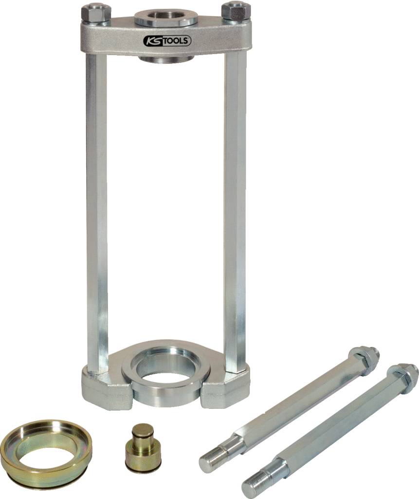 Ein Set aus Metallwerkzeugen, bestehend aus zwei langen Bolzen, einer runden Scheibe und mehreren kleineren Komponenten.