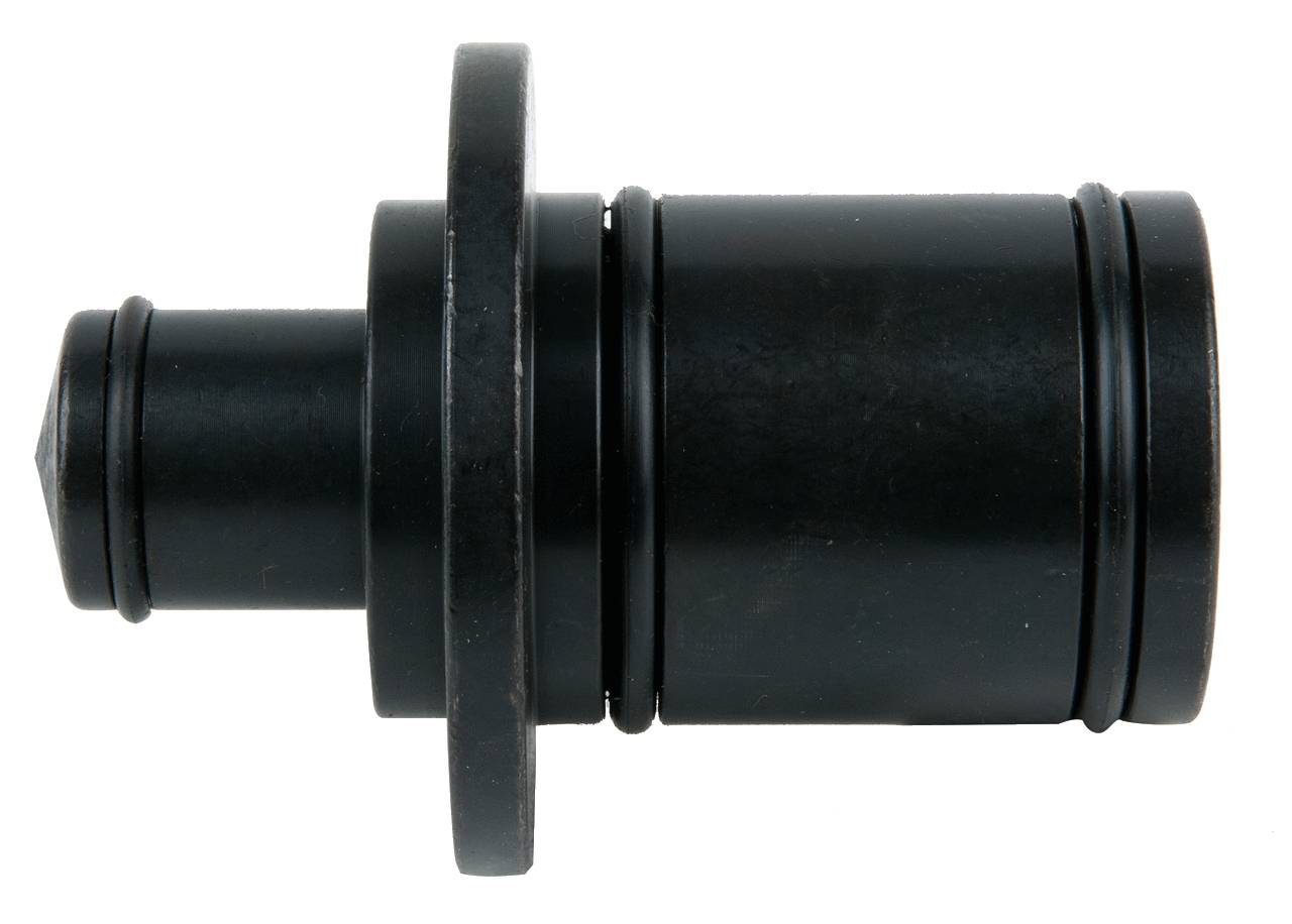 Schwarzes, zylindrisches mechanisches Bauteil mit zwei Ringen und einer breiten Basis, horizontal positioniert.