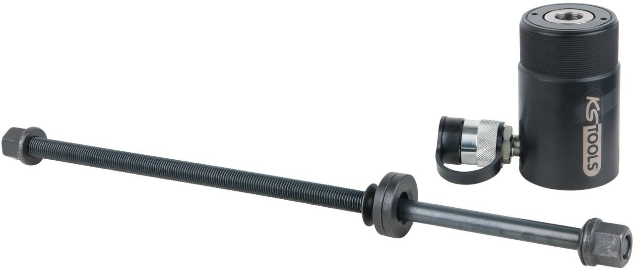 Schraubenabzieher-Set mit zwei Metallteilen. Links: Gewindestange mit Muttern. Rechts: Zylinderförmiges Werkzeug mit 'KS Tools'-Logo.