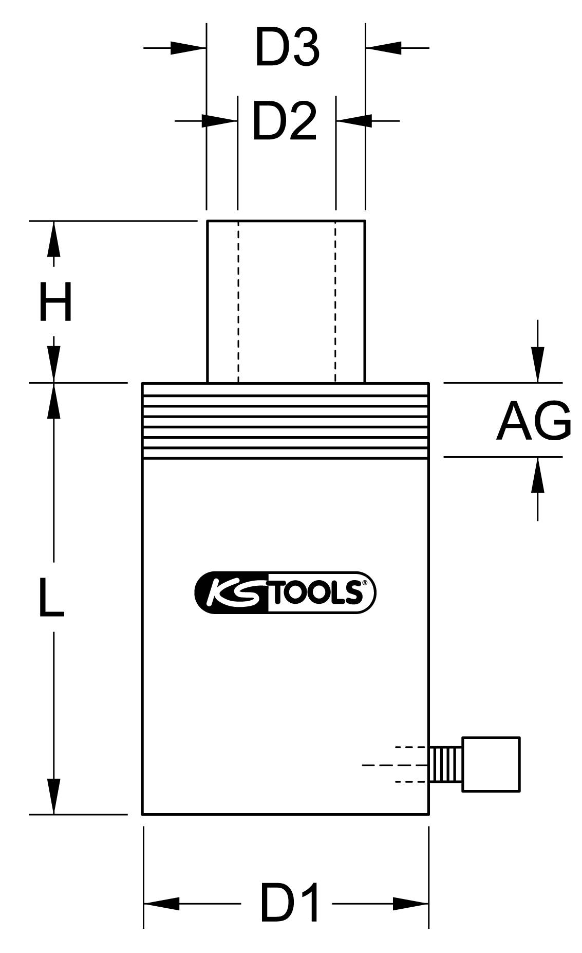 'KS TOOLS'-Hydraulikzylinder, zylindrisch, mit Maßangaben für Durchmesser (D1, D2, D3), Höhe (H), Länge (L) und Anschluss (AG).