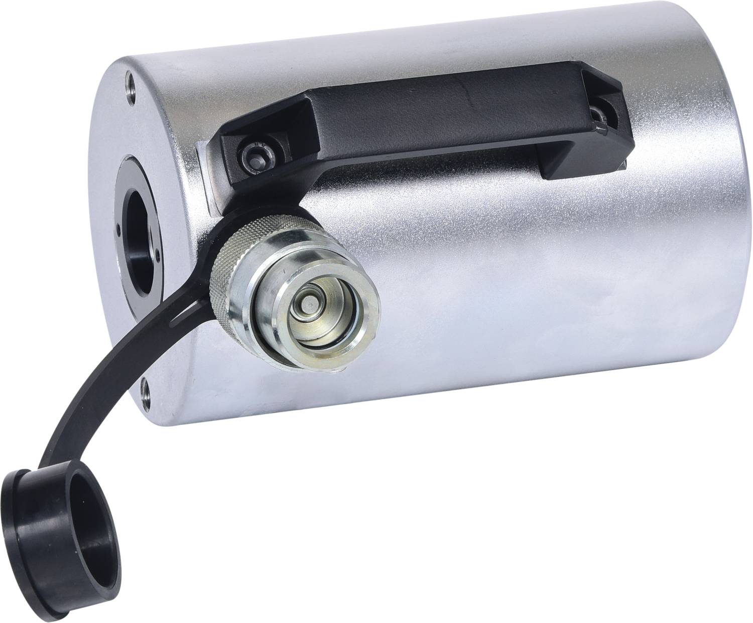 Zylinderförmiges Gerät aus Metall mit schwarzem Griff und angebrachter Abdeckkappe, möglicherweise ein technisches Werkzeug oder Gerät.