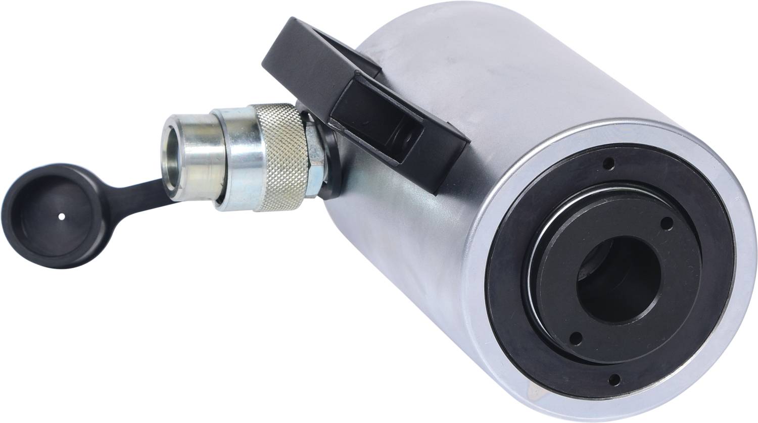 Ein zylindrischer, metallischer Hydraulikschrauber mit schwarzem Griff und Anschluss. Hauptsächlich in industriellen Anwendungen verwendet.