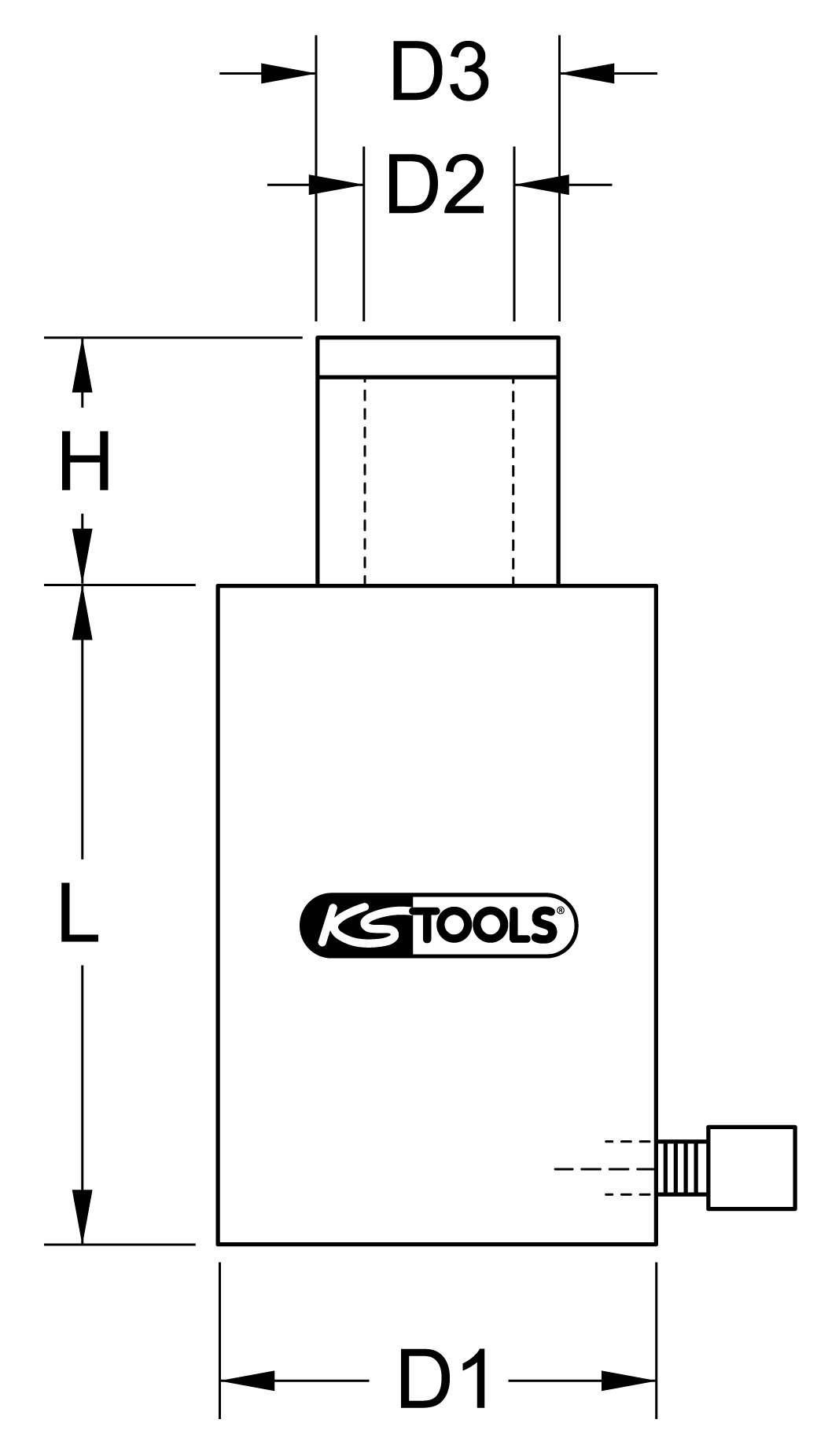 Schema eines Werkzeugs von KS Tools mit Angabe der Abmessungen D1, D2, D3, H und L.