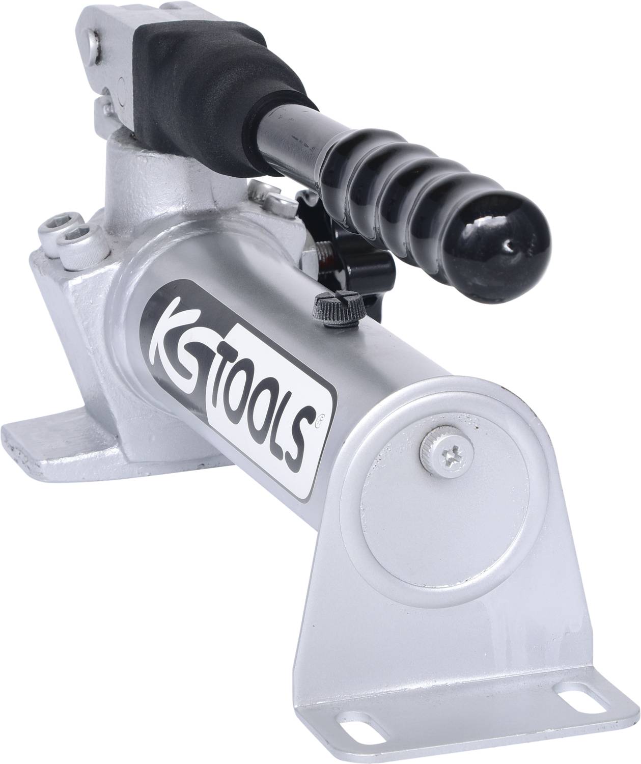 Eine silberne Hydraulikpumpe mit schwarzem Griff und 'KS Tools'-Logo, eingesetzt zur Kraftübertragung in Werkstätten oder Baustellen.