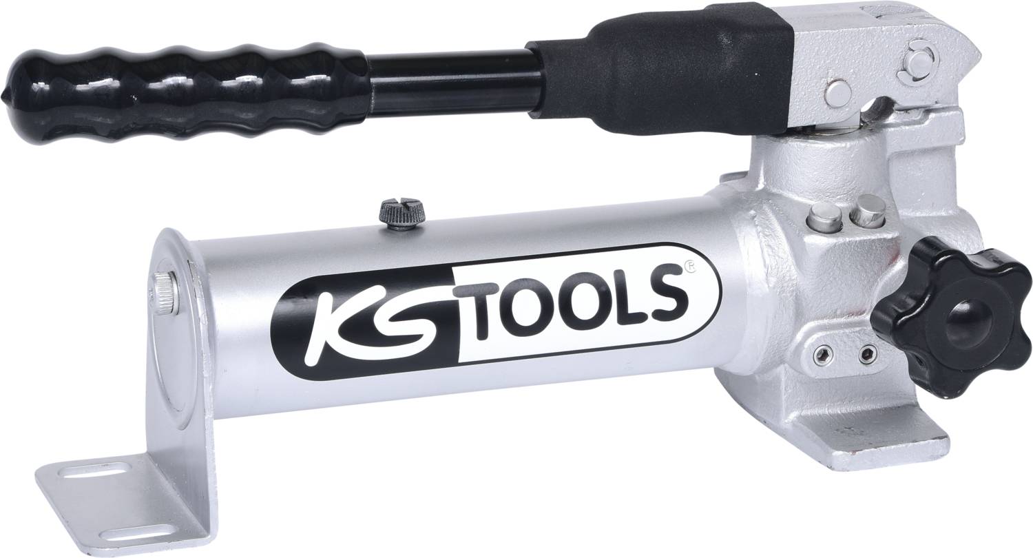 Handhydraulikpumpe von KS Tools mit schwarzem Griff und Druckventil, geeignet für den Einsatz in Werkstätten oder Reparaturen.