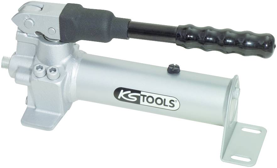 Ein silberner hydraulischer Handpumpe mit schwarzem Griff, Markenlogo 'KS Tools' auf dem Gehäuse, wird für technischen Einsatz verwendet.